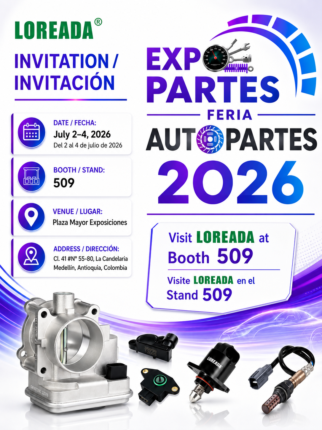Promotional image for LOREADA's participation in Expopartes 2026 in Medellín, Colombia.